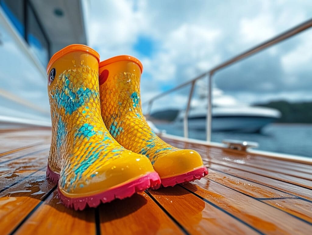 An AI-image of fun and colorful fish-scale textured rain boots for kids, pictured on a wet boat deck in a marine setting. These vibrant yellow and teal boots are perfect for rainy days or adventures on the water in Southeast Alaska.